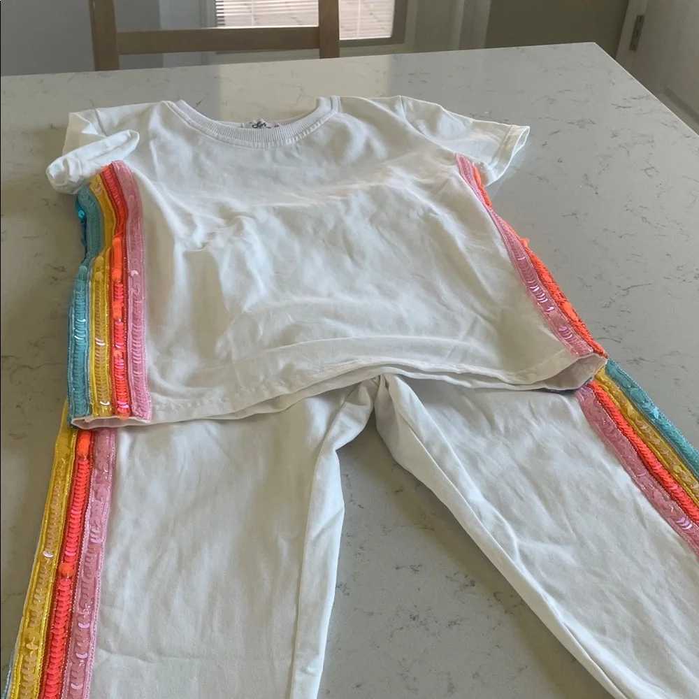 Lola + The Boys White pant and T-shirt Set with Colorful Stripes. Girls size 8. - Picture 1 of 6